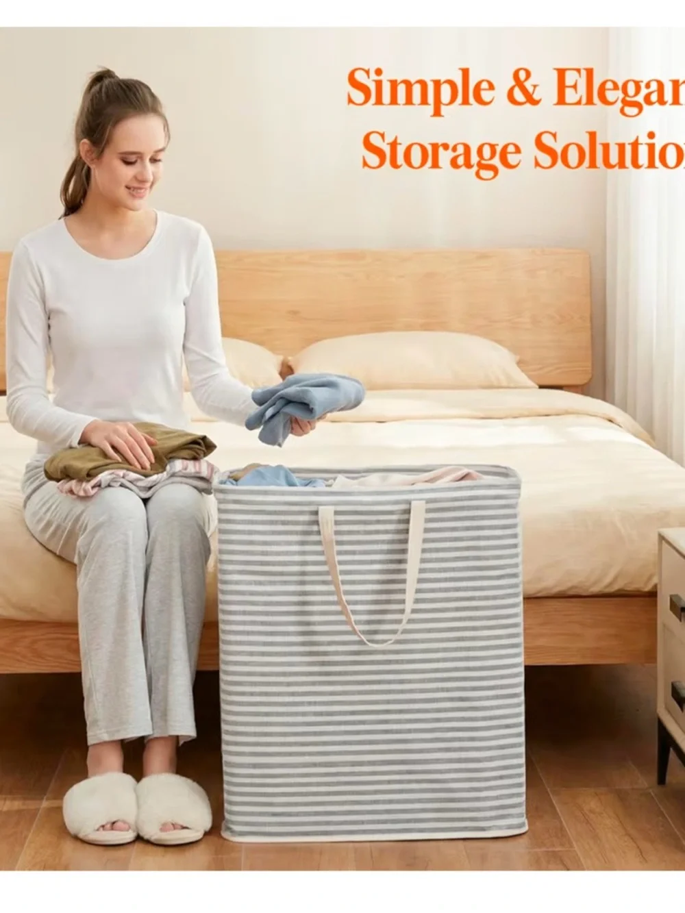 Striped Gray Fabric Laundry Hamper with Handles